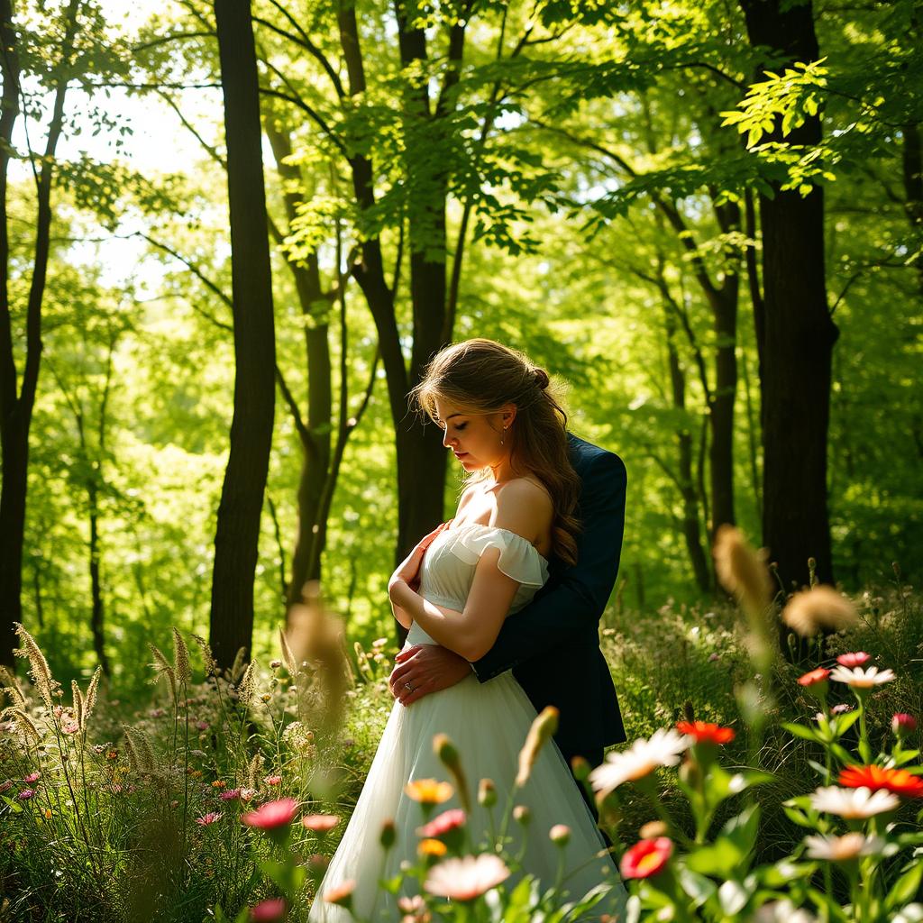 A romantic and passionate scene set in a lush green forest, dappled sunlight filtering through the leaves, with a couple intertwined amidst the nature, surrounded by wildflowers and tall trees, showcasing deep connection and intimacy