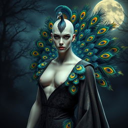A stunning depiction of a peacock vampire character, embodying the fusion of avian elegance and vampiric allure