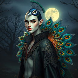 A stunning depiction of a peacock vampire character, embodying the fusion of avian elegance and vampiric allure