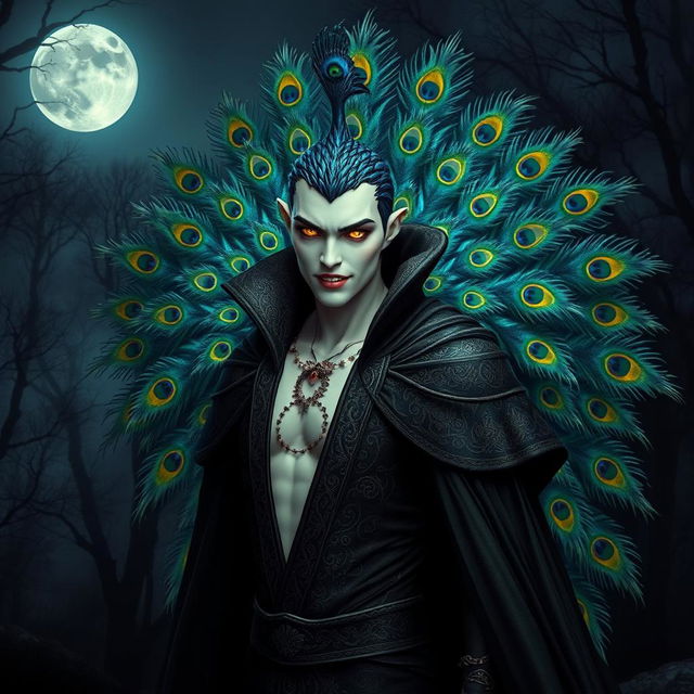 A stunning depiction of a peacock vampire character, embodying the fusion of avian elegance and vampiric allure