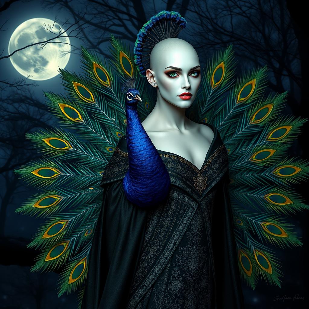 A stunning depiction of a peacock vampire character, embodying the fusion of avian elegance and vampiric allure