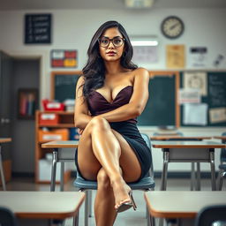 A seductive Latina teacher sitting in the classroom with her legs elegantly crossed