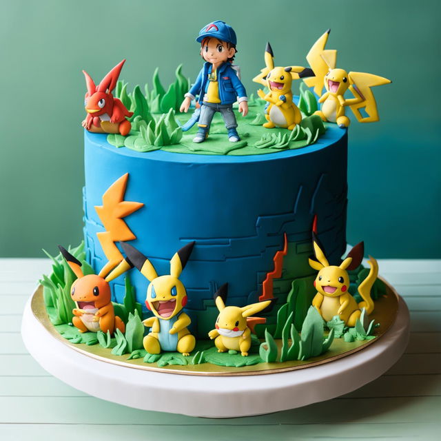 A three-tiered Pokemon-themed birthday cake with Ash Ketchum and his Pokemon companions as fondant figures on top. Each tier represents different types of Pokemon - Water, Grass, and Fire - through color and decoration.