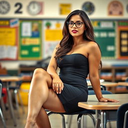 A sexy Latina teacher sitting in a classroom with her legs crossed