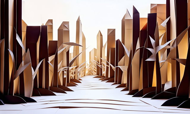 Photograph of an architectural streetscape constructed entirely from intricate origami paper structures.