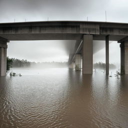 A one-lane road bridge being engulfed by a flood of water, creating a dramatic visual representation of nature overpowering human constructs.