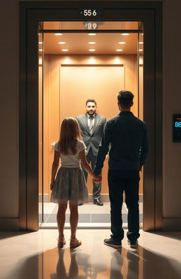 A girl and a boy are standing hand in hand in front of an elevator with its doors wide open