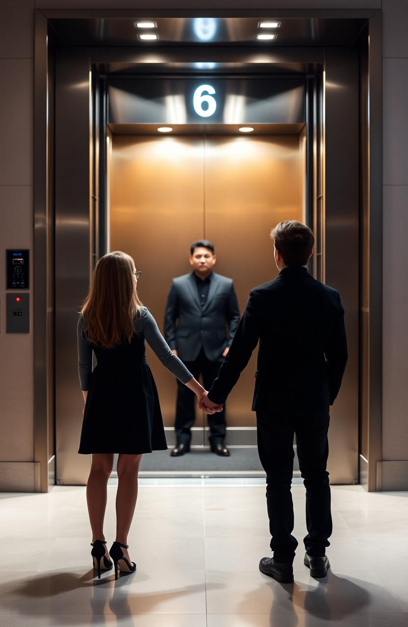 A girl and a boy are standing hand in hand in front of an elevator with its doors wide open