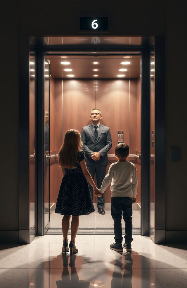 A girl and a boy are standing hand in hand in front of an elevator with its doors wide open