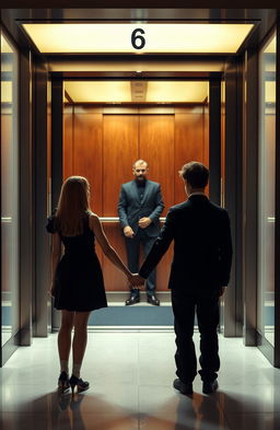 A girl and a boy are standing hand in hand in front of an elevator with its doors wide open