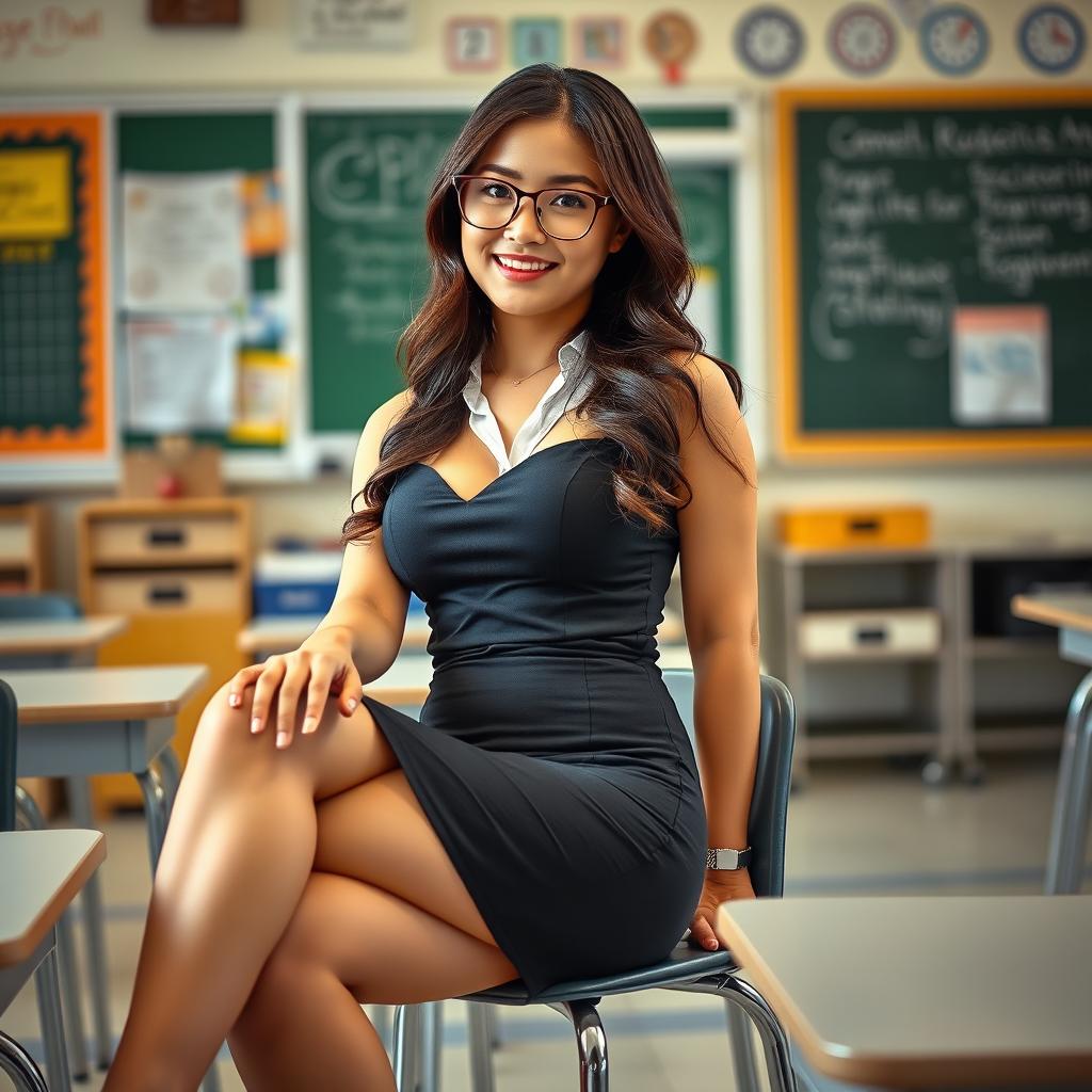 A seductive Asian teacher sitting in a classroom with her legs crossed