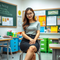 A sexy Korean teacher, aged 34, sitting confidently in a classroom with her legs crossed