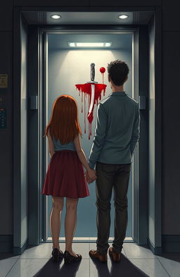 A beautiful red-haired girl, 177 cm tall and weighing 70 kg, stands hand in hand with a tall brunette guy, 195 cm and 90 kg, in front of an elevator
