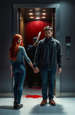 A beautiful red-haired girl, 177 cm tall and weighing 70 kg, stands hand in hand with a tall brunette guy, 195 cm and 90 kg, in front of an elevator