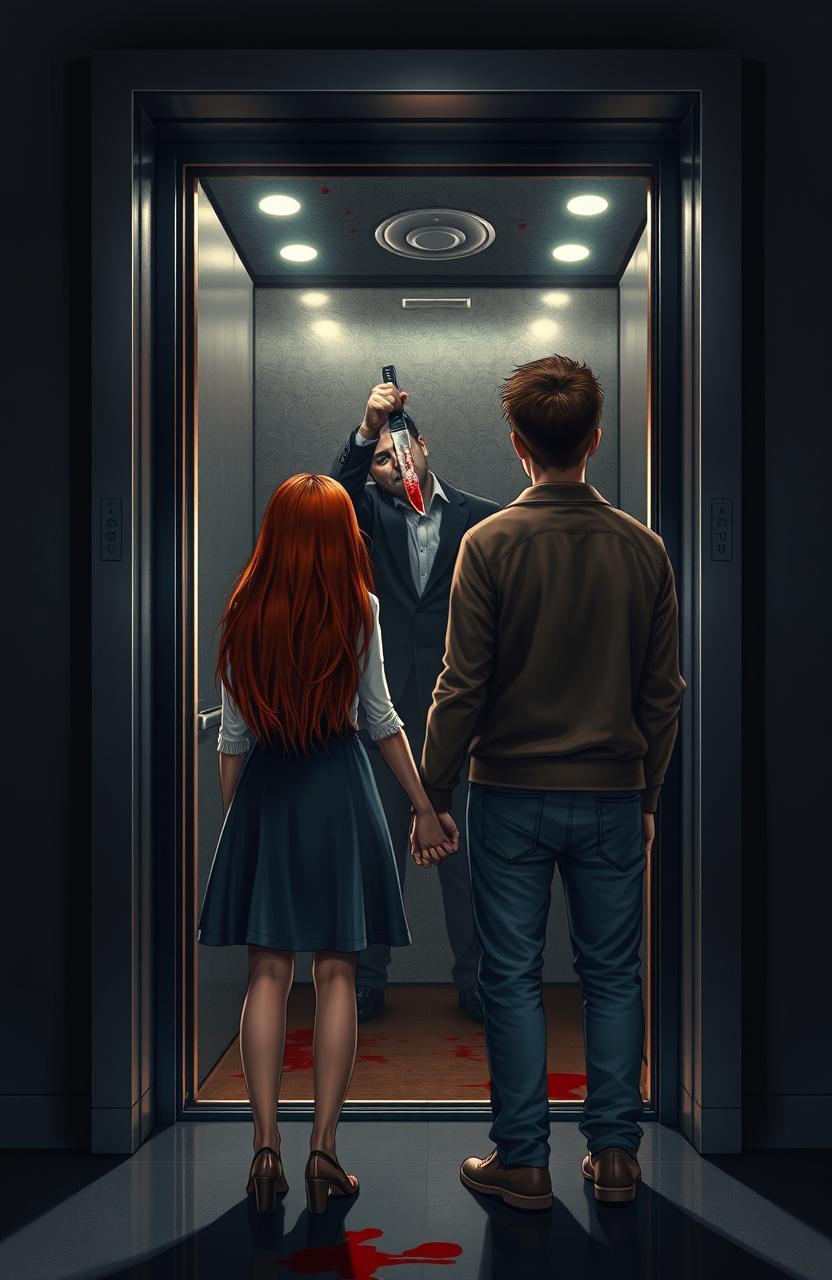 A beautiful red-haired girl, 177 cm tall and weighing 70 kg, stands hand in hand with a tall brunette guy, 195 cm and 90 kg, in front of an elevator