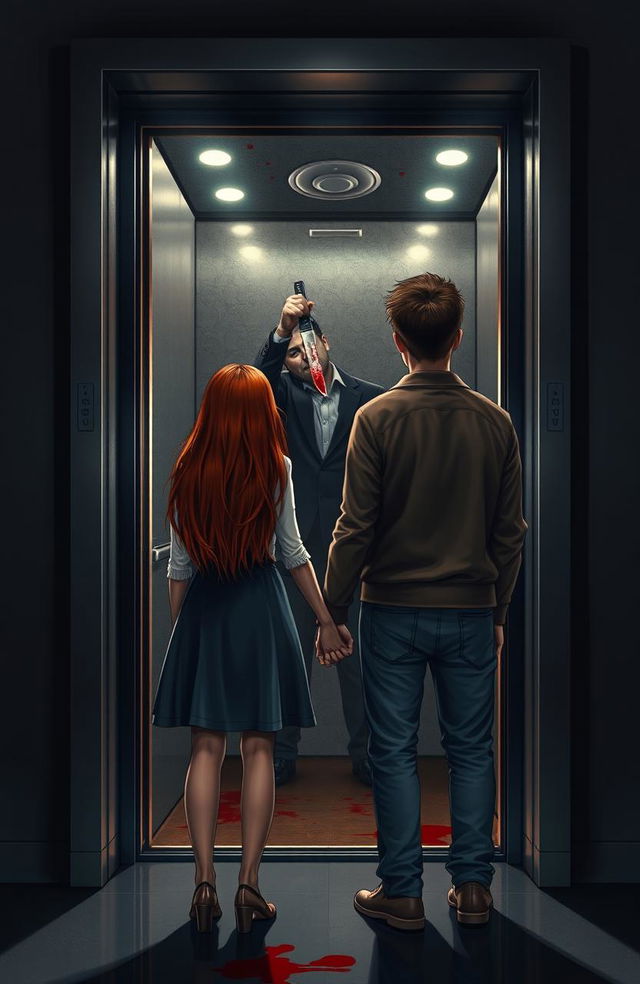 A beautiful red-haired girl, 177 cm tall and weighing 70 kg, stands hand in hand with a tall brunette guy, 195 cm and 90 kg, in front of an elevator