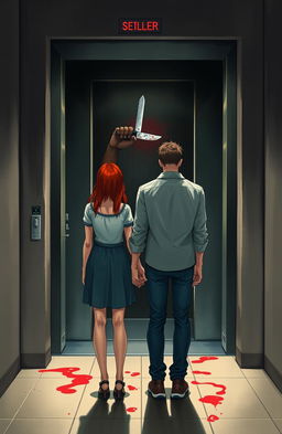 A beautiful red-haired girl, 177 cm tall and weighing 70 kg, stands hand in hand with a tall brunette guy, 195 cm and 90 kg, in front of an elevator