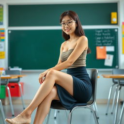 A sexy Korean teacher, aged 34, sitting in a classroom with her legs crossed