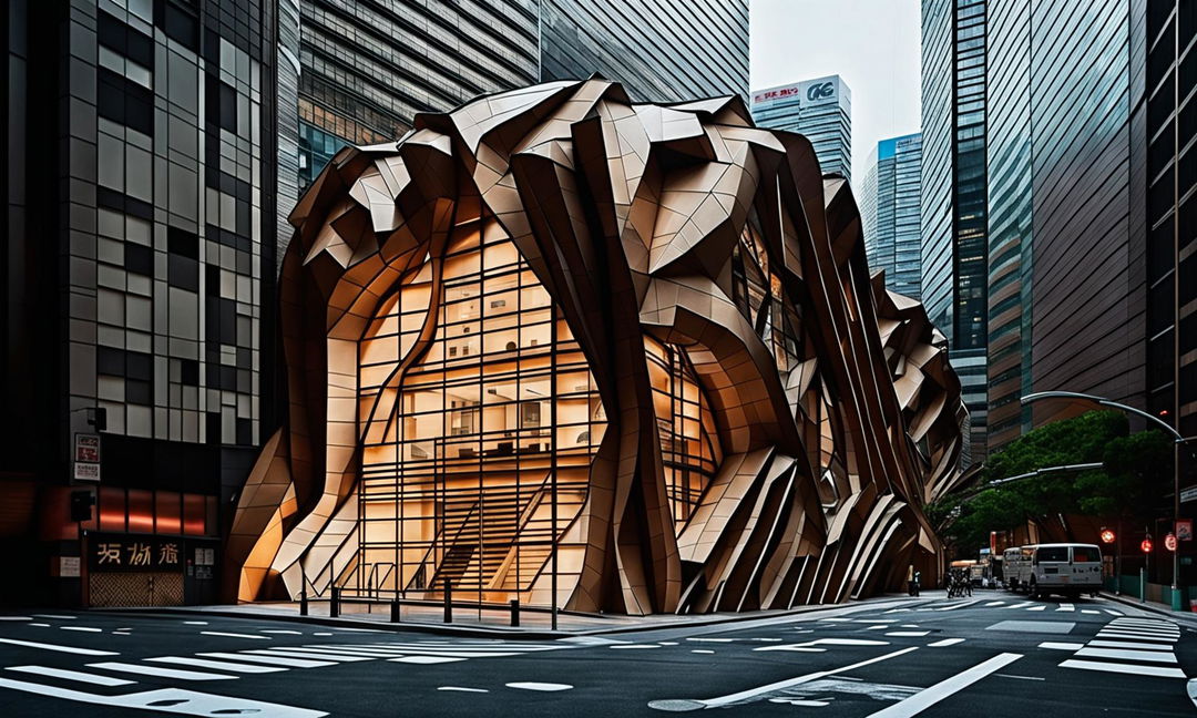 An origami-inspired architectural house made from timber and glass stands out in a busy Tokyo street. Captured in 32k HD cinema photography.