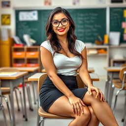 A sexy Latina teacher, aged 34, sitting elegantly in a classroom with her legs crossed
