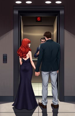 A red-haired girl standing at a height of 177 cm and weighing 70 kg, wearing an elegant dress, is holding hands with a brunette male partner who is 195 cm tall and weighs 90 kg, both standing in front of an open elevator