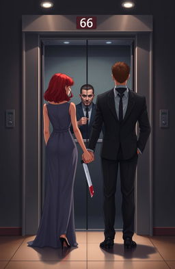 A red-haired girl standing at a height of 177 cm and weighing 70 kg, wearing an elegant dress, is holding hands with a brunette male partner who is 195 cm tall and weighs 90 kg, both standing in front of an open elevator