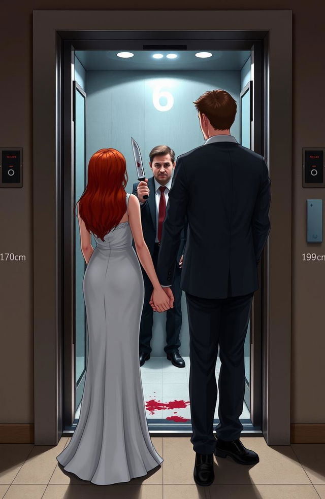 A red-haired girl standing at a height of 177 cm and weighing 70 kg, wearing an elegant dress, is holding hands with a brunette male partner who is 195 cm tall and weighs 90 kg, both standing in front of an open elevator