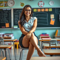 A sexy Latina teacher, aged 23, sitting elegantly in a classroom with her legs crossed