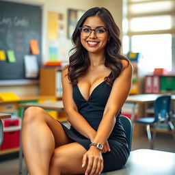 A sexy Latina teacher, aged 23, sitting elegantly in a classroom with her legs crossed