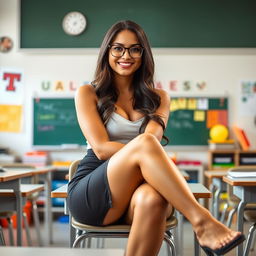 A sexy Latina teacher, aged 23, sitting elegantly in a classroom with her legs crossed
