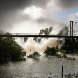 A one-lane road bridge being engulfed by a flood of water, creating a dramatic visual representation of nature overpowering human constructs.