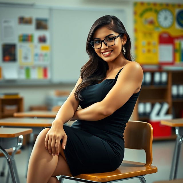 A sexy Latina teacher, aged 23, sitting gracefully in a classroom with her legs crossed