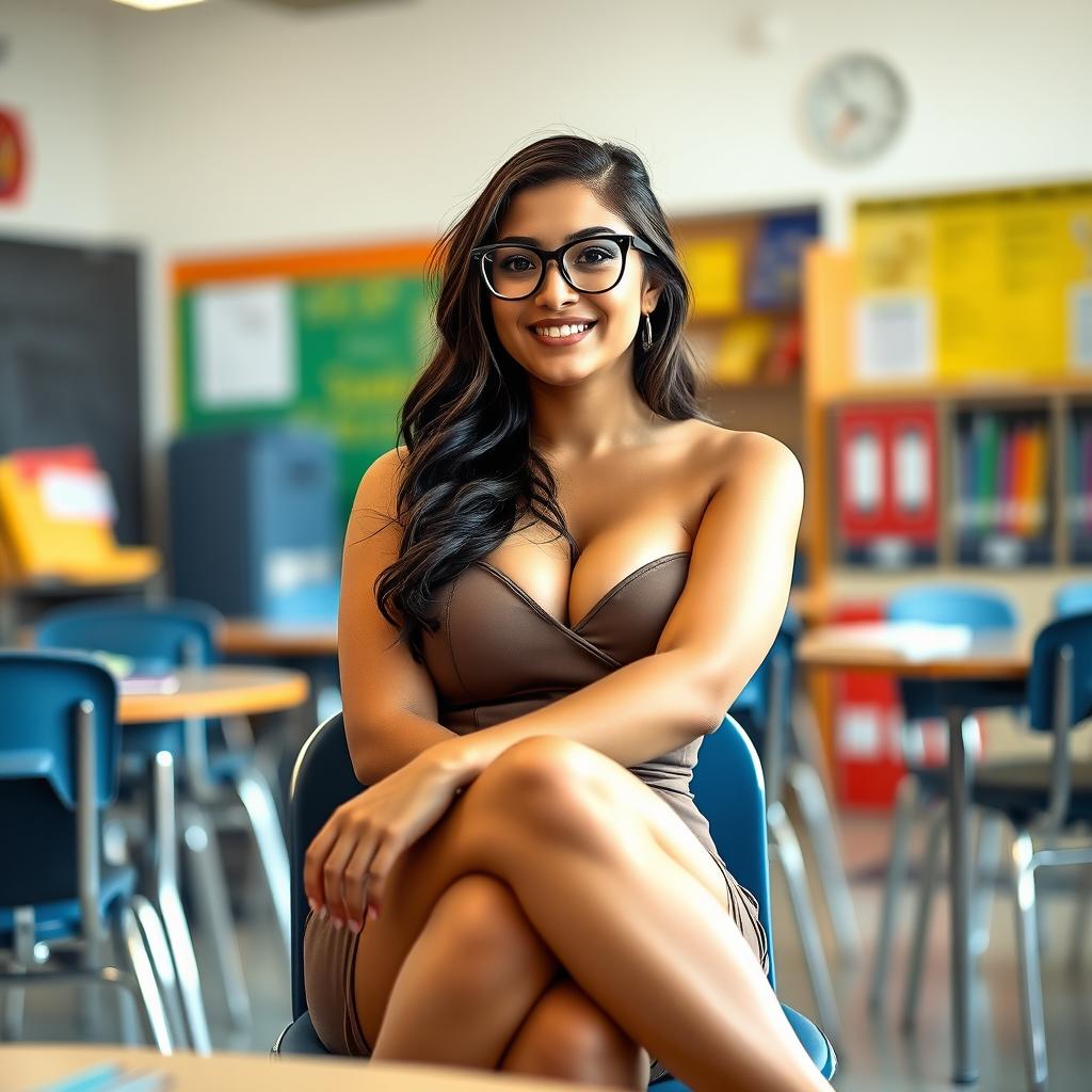 A sexy Latina teacher, aged 23, sitting gracefully in a classroom with her legs crossed