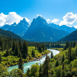 A stunning landscape depicting majestic mountains with sharp, dramatic peaks against a brilliant blue sky