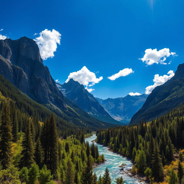 A stunning landscape depicting majestic mountains with sharp, dramatic peaks against a brilliant blue sky