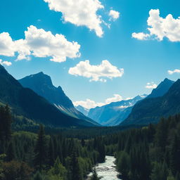 A stunning landscape depicting majestic mountains with sharp, dramatic peaks against a brilliant blue sky