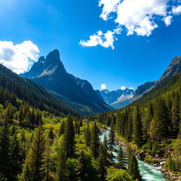 A stunning landscape depicting majestic mountains with sharp, dramatic peaks against a brilliant blue sky