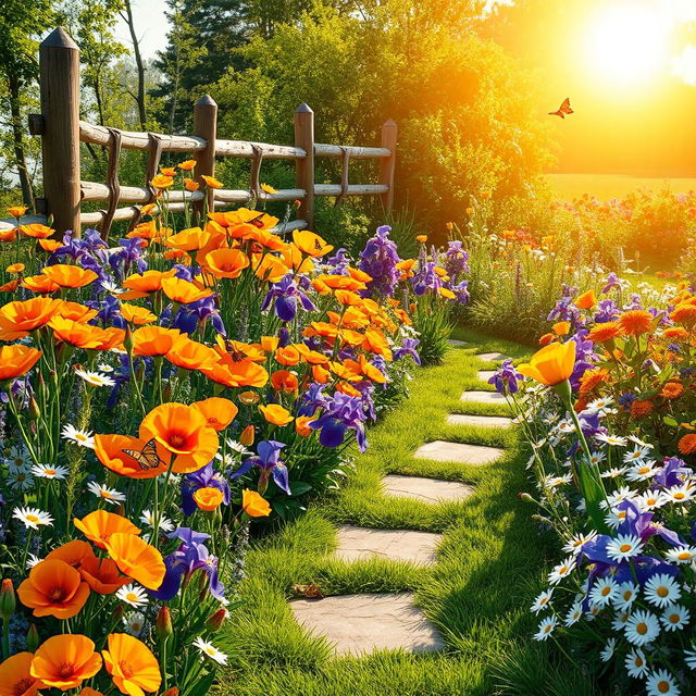 A picturesque summer scene set in a sunlit garden bursting with an array of colorful flowers, including bright orange poppies, cheerful yellow roses, lush purple irises, and delicate white daisies