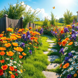 A picturesque summer scene set in a sunlit garden bursting with an array of colorful flowers, including bright orange poppies, cheerful yellow roses, lush purple irises, and delicate white daisies