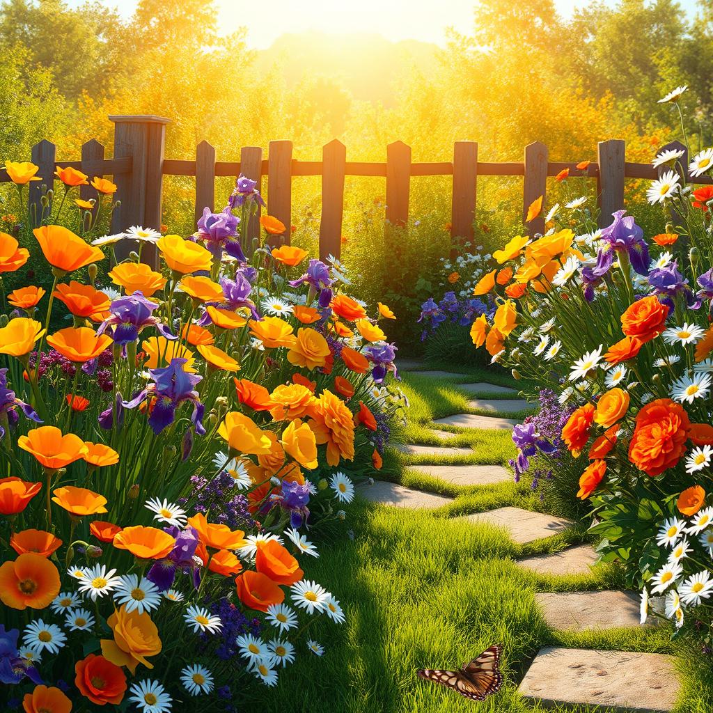 A picturesque summer scene set in a sunlit garden bursting with an array of colorful flowers, including bright orange poppies, cheerful yellow roses, lush purple irises, and delicate white daisies