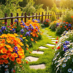 A picturesque summer scene set in a sunlit garden bursting with an array of colorful flowers, including bright orange poppies, cheerful yellow roses, lush purple irises, and delicate white daisies