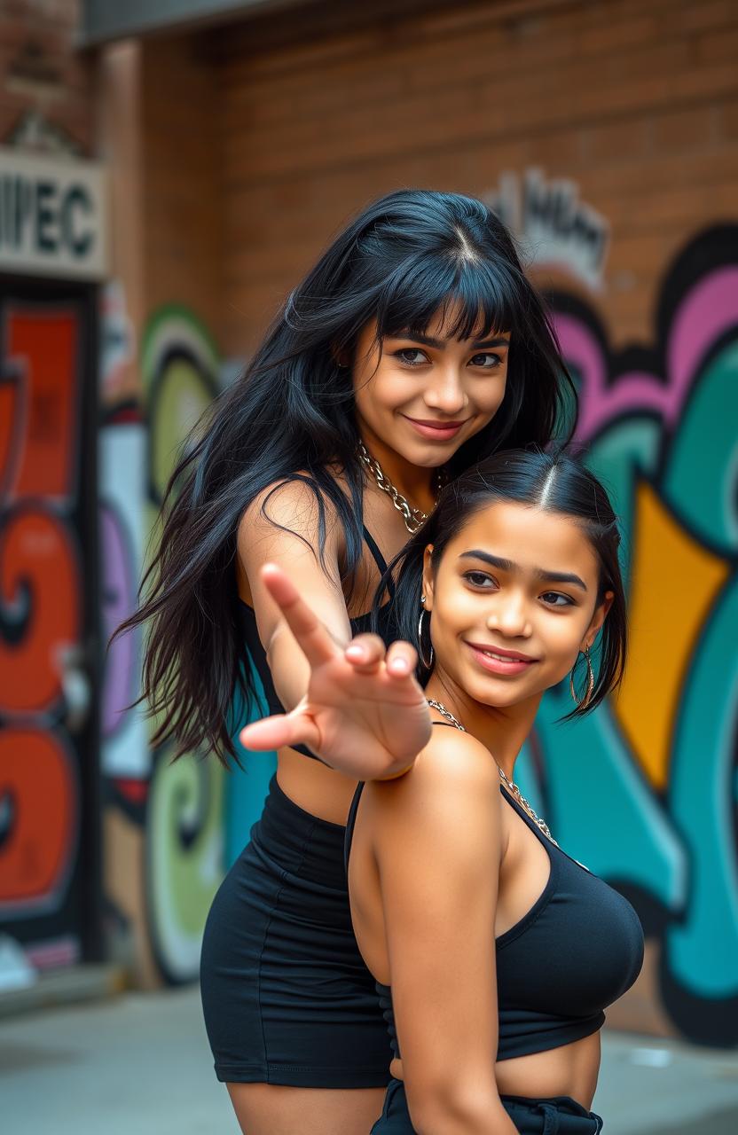 A confident Hispanic girl with long black hair and beautifully styled edges, dressed in a trendy black hip hop outfit, standing playfully on the shoulder of a similar-looking girl