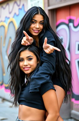 A confident Hispanic girl with long black hair and beautifully styled edges, dressed in a trendy black hip hop outfit, standing playfully on the shoulder of a similar-looking girl