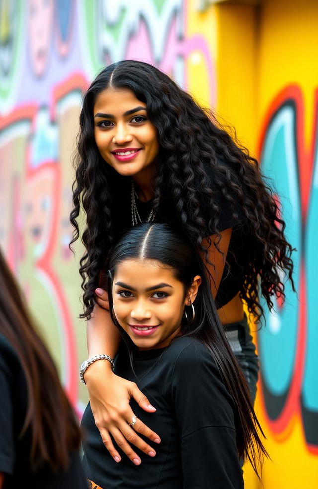 A confident Hispanic girl with long black hair and beautifully styled edges, dressed in a trendy black hip hop outfit, standing playfully on the shoulder of a similar-looking girl