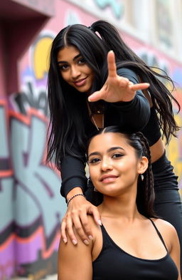 A confident Hispanic girl with long black hair and beautifully styled edges, dressed in a trendy black hip hop outfit, standing playfully on the shoulder of a similar-looking girl