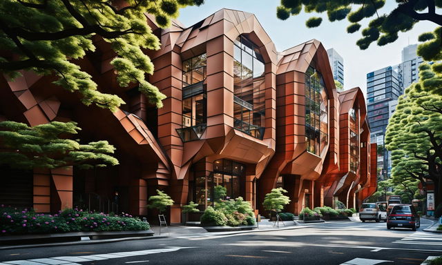 An elegant origami-inspired architectural house with balconies, made from timber and glass, is nestled in a beautifully landscaped Tokyo street. Captured in 32k HD cinema photography.