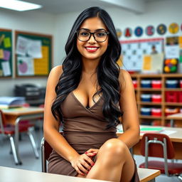 A sexy Latina teacher, aged 23, sitting gracefully in a classroom with her legs crossed