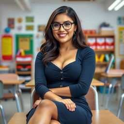 A sexy Latina teacher, aged 23, sitting gracefully in a classroom with her legs crossed
