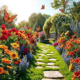 A picturesque summer scene set in a sunlit garden teeming with an abundance of colorful flowers, including radiant red roses, cheerful yellow sunflowers, delicate bluebells, and vibrant orange lilies