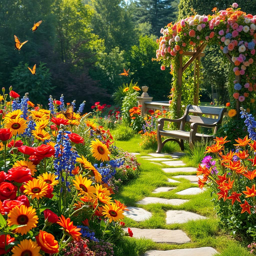 A picturesque summer scene set in a sunlit garden teeming with an abundance of colorful flowers, including radiant red roses, cheerful yellow sunflowers, delicate bluebells, and vibrant orange lilies